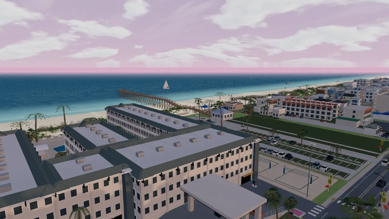 A 3D model of a beachfront resort beside the St. Augustine Beach pier, a sailboat offshore and the beach town along the shore at sunset