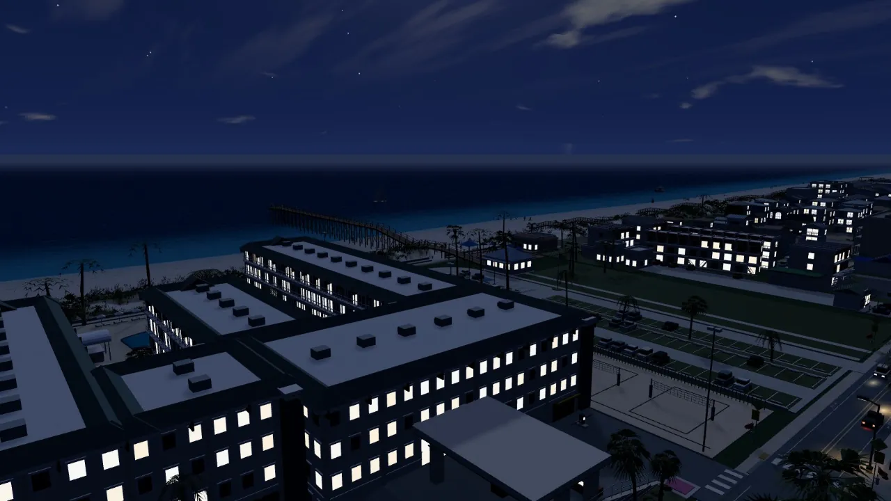 A 3D model of a beachfront resort beside the St. Augustine Beach pier, a sailboat offshore and the beach town along the shore at night, windows lit