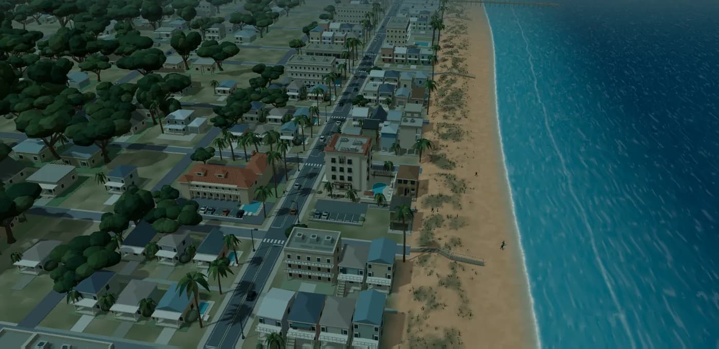 A 3D model of the St. Augustine Beach coast at dusk, with pastel houses, hotels, dunes and the Atlantic Ocean