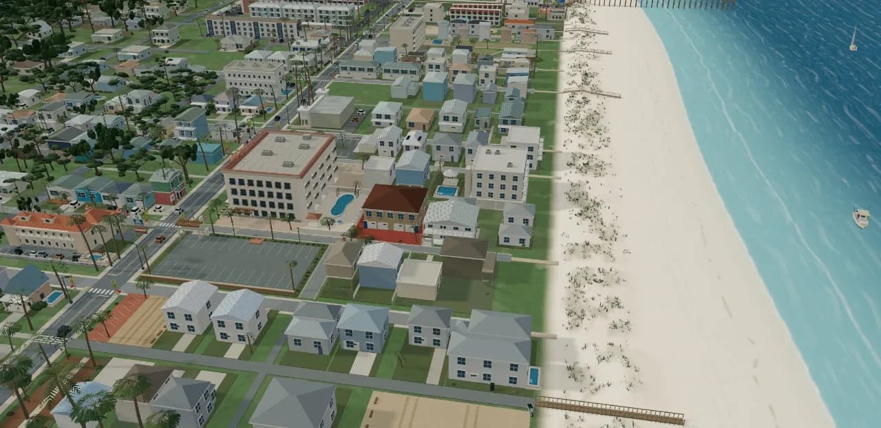 A 3D model of the St. Augustine Beach coast, with pastel houses, hotels, dunes, beachgoers and a fishing boat on the Atlantic
