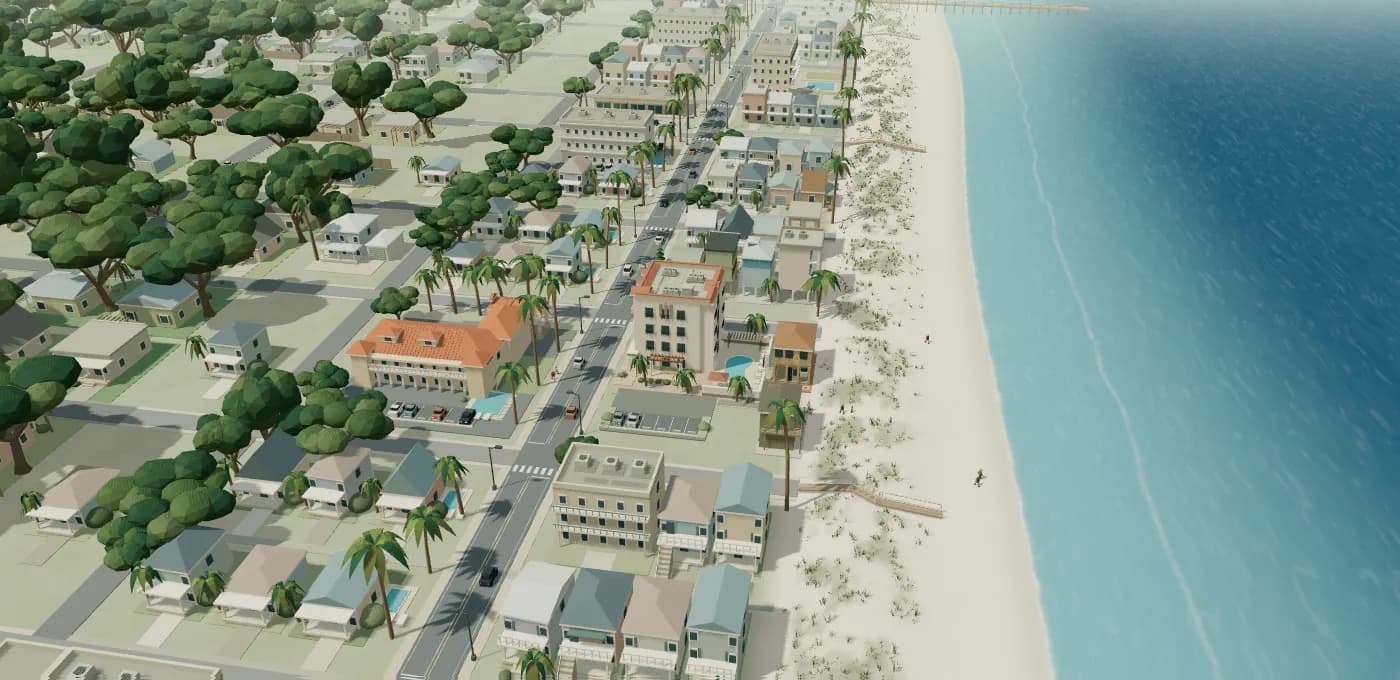 A 3D model of the St. Augustine Beach coast, with pastel houses, hotels, dunes and the Atlantic Ocean