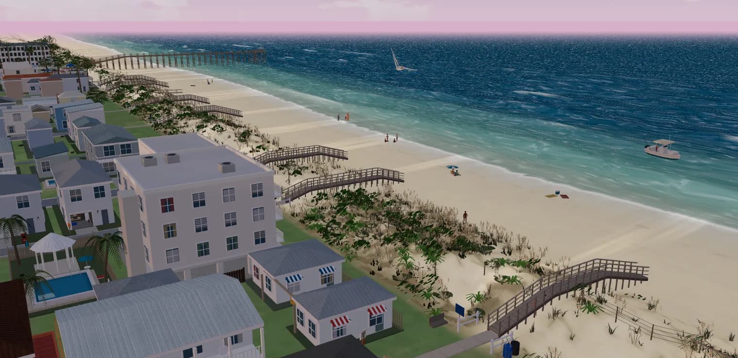 A 3D model of St. Augustine Beach: a white condo, beach cottages and the dune walkovers, with the pier and a sailboat down the shore