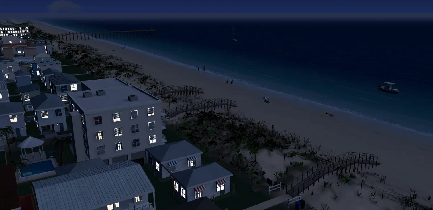 A 3D model of St. Augustine Beach: a white condo, beach cottages and the dune walkovers, with the pier and a sailboat down the shore