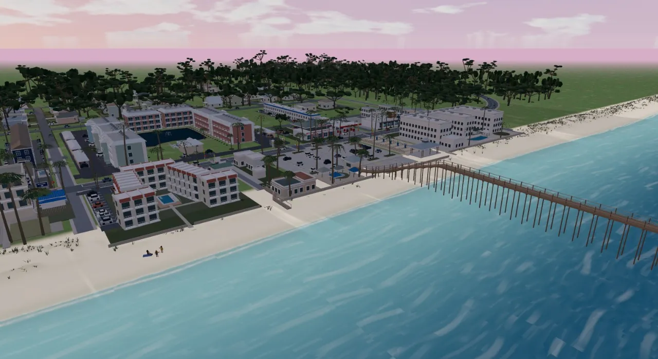 A 3D model of the St. Augustine Beach pier reaching into the Atlantic at sunset
