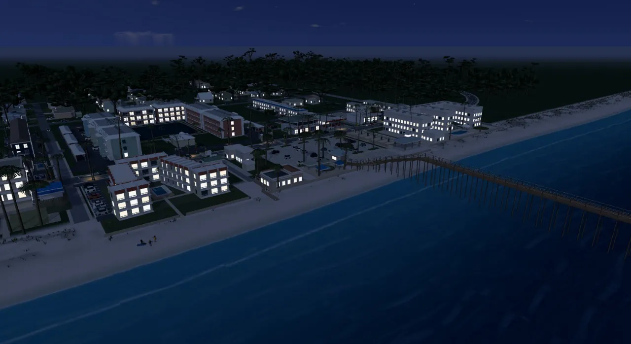 A 3D model of the St. Augustine Beach pier reaching into the Atlantic at night, windows lit