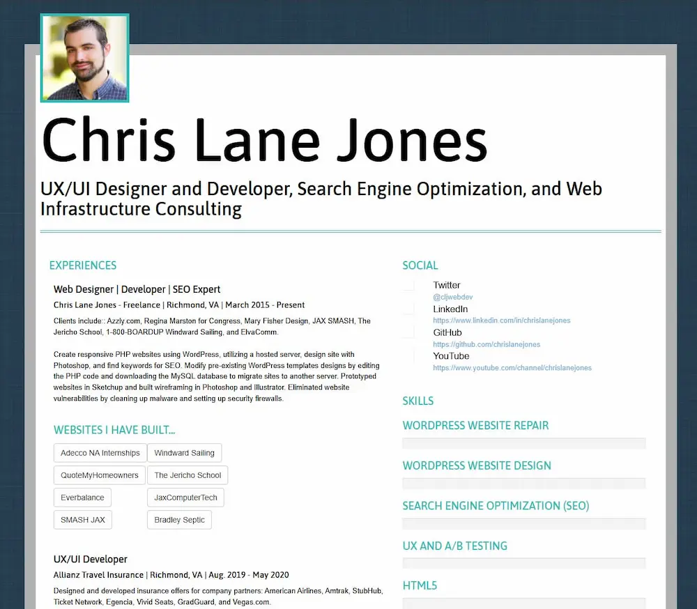 WordPress Bootstrap resume website from 2017-2024