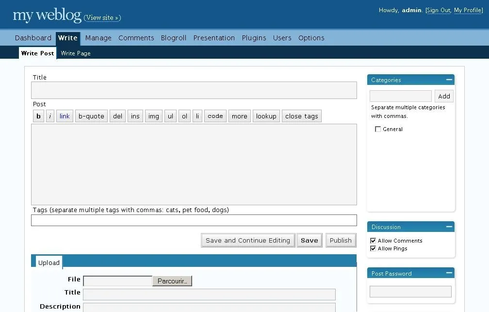 WordPress 2.1 interface with Kubrick theme from January 2007